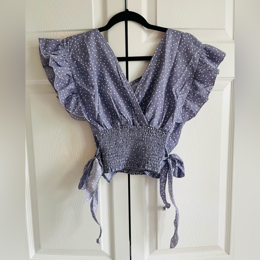 Purple Polka Dot Ruffle Sleeve Shirred Hem Blouse Crop Top Size women’s Medium M